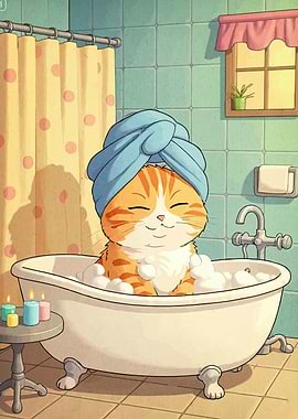 Cat in Bathtub with Towel