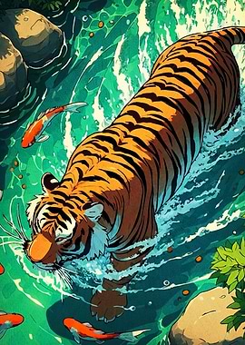 Tiger in Water with Koi Fish