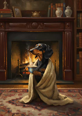 Cozy Dachshund by Fireplace with Tea