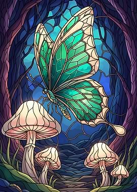 Butterfly and Mushrooms Stained Glass Art