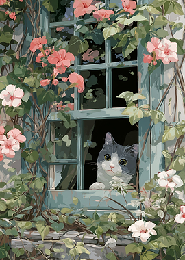 Cat at Window with Flowers