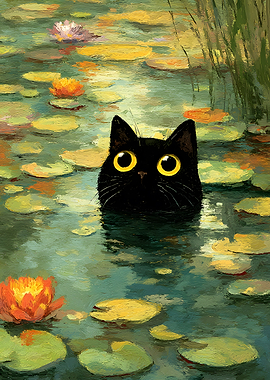 Black Cat in Lily Pond Painting