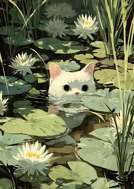 White Cat in Lily Pond