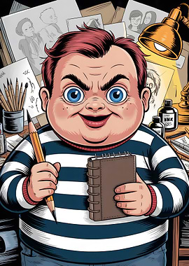 Cartoon Artist with Sketchbook and Pencil