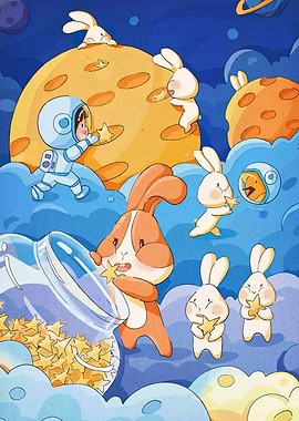 Astronaut, Rabbits, and Stars in Space