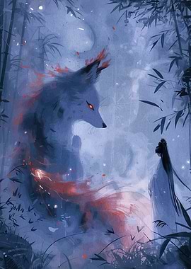 Mystical Fox and Woman in Forest