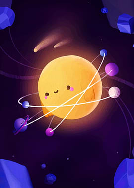 Cute Cartoon Sun with Planets