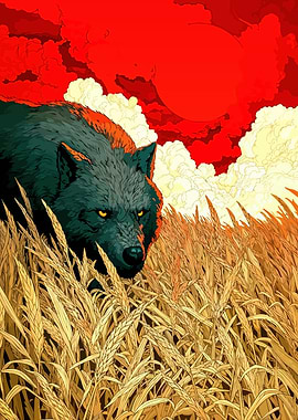 Wolf in Wheat Field with Red Sky