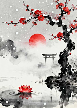 Japanese Winter Landscape with Red Accents