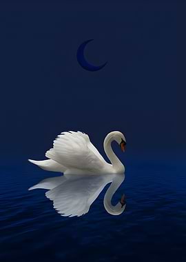 Swan on Water Under Crescent Moon