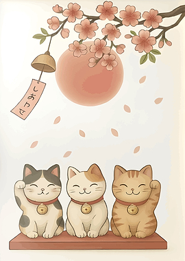 Three Maneki Neko with Cherry Blossoms
