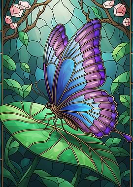 Butterfly on Leaf Stained Glass Style