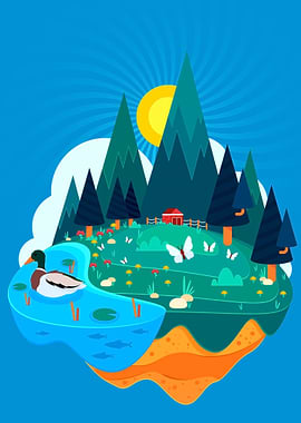 Cartoon Landscape with Duck and Mountains