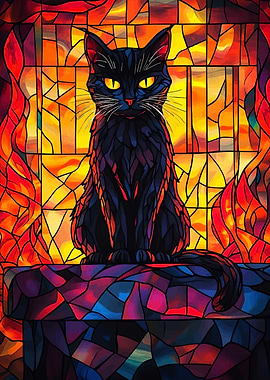 Stained Glass Black Cat Portrait