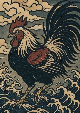 Rooster Shio on Waves Woodblock Print