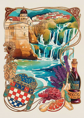 Croatian Landscape with Waterfall and Wine