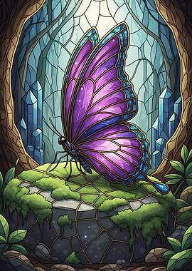 Purple Butterfly on Mossy Stone