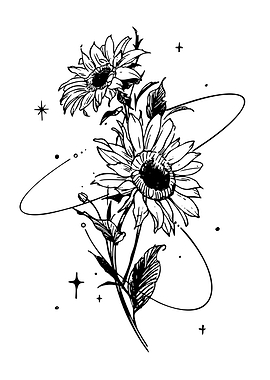 Sunflower Line Art with Celestial Elements