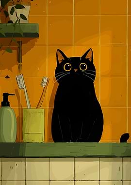Black Cat in Bathroom Illustration