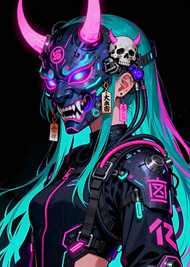 Cyberpunk Oni Girl with Neon Mask