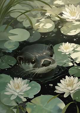 Otter in Lily Pond