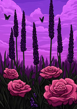 Purple Floral Landscape with Butterflies