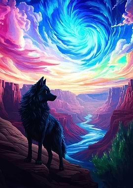 Wolf in Canyon with Swirling Sky