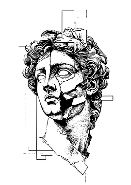 Cracked Statue Head with Geometric Shapes