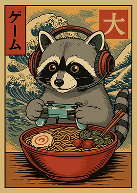 Gamer Raccoon Ramen Poster, Cute Japanese Art Wall Print, Anime Food Cartoon Decor