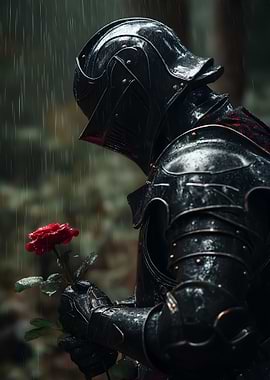 Knight in Rain with Red Rose