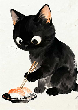 Black Cat Eating Sushi with Chopsticks