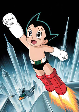 Astro Boy flying over futuristic city