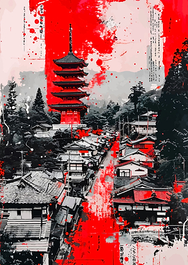 Red Japanese and Townscape Art