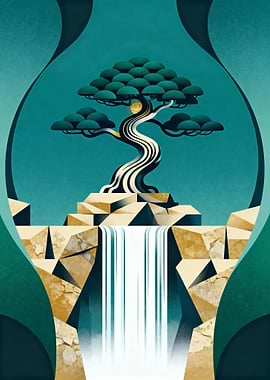 Bonsai Tree and Waterfall Illustration