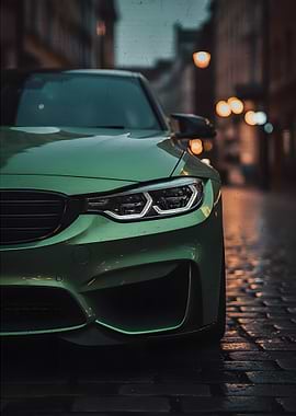 Green BMW M3 on Cobblestone Street