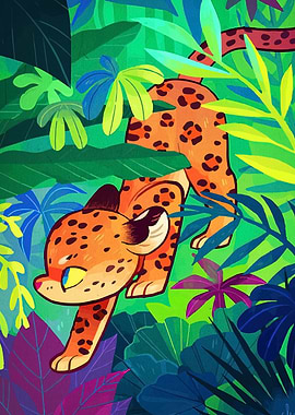 Cartoon Jaguar in Lush Jungle