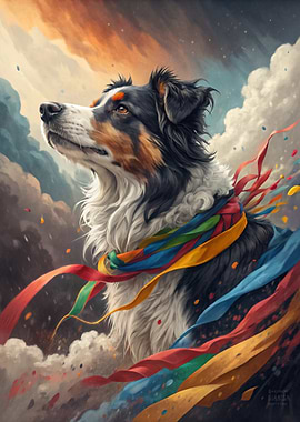 Dog with Rainbow Ribbons in the Sky