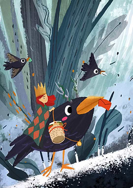 Queen riding a crow in forest