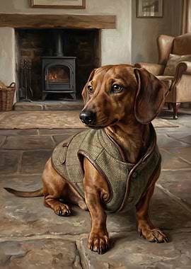 Dachshund in Tweed Vest by Fireplace