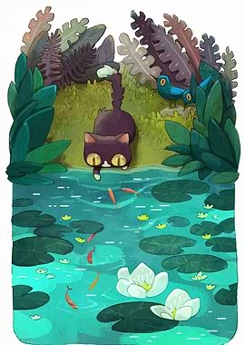 Cat Fishing in Lily Pond