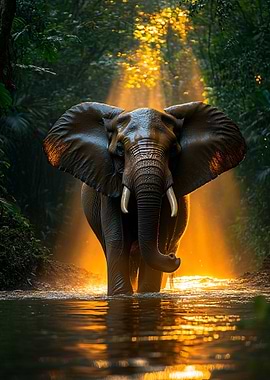 Elephant in jungle river at sunset