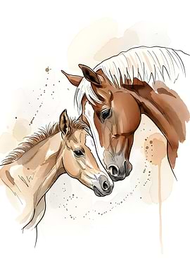 Watercolor Horse and Foal Illustration