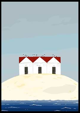 Beach Huts on Island with Seagulls
