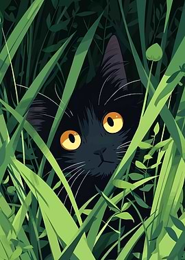 Black Cat in Green Grass