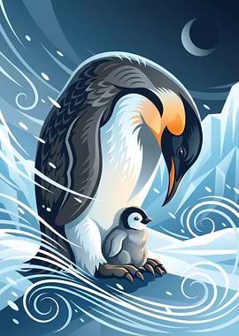 Penguin and Chick in Arctic Scene