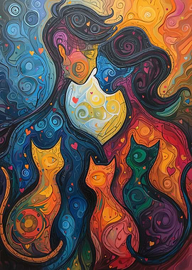 Abstract Couple with Cats Painting