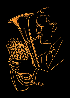 Man playing tuba, orange line art