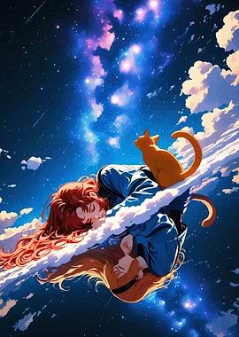 Dreamy Anime Girl with Cat