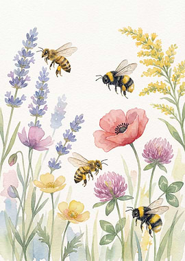 Watercolor Bees and Flowers Illustration