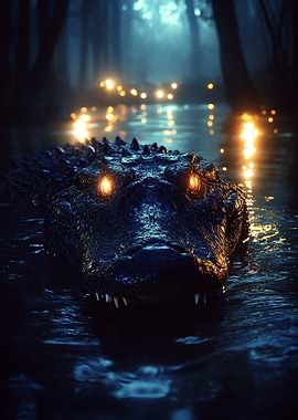Alligator in Swamp with Glowing Eyes